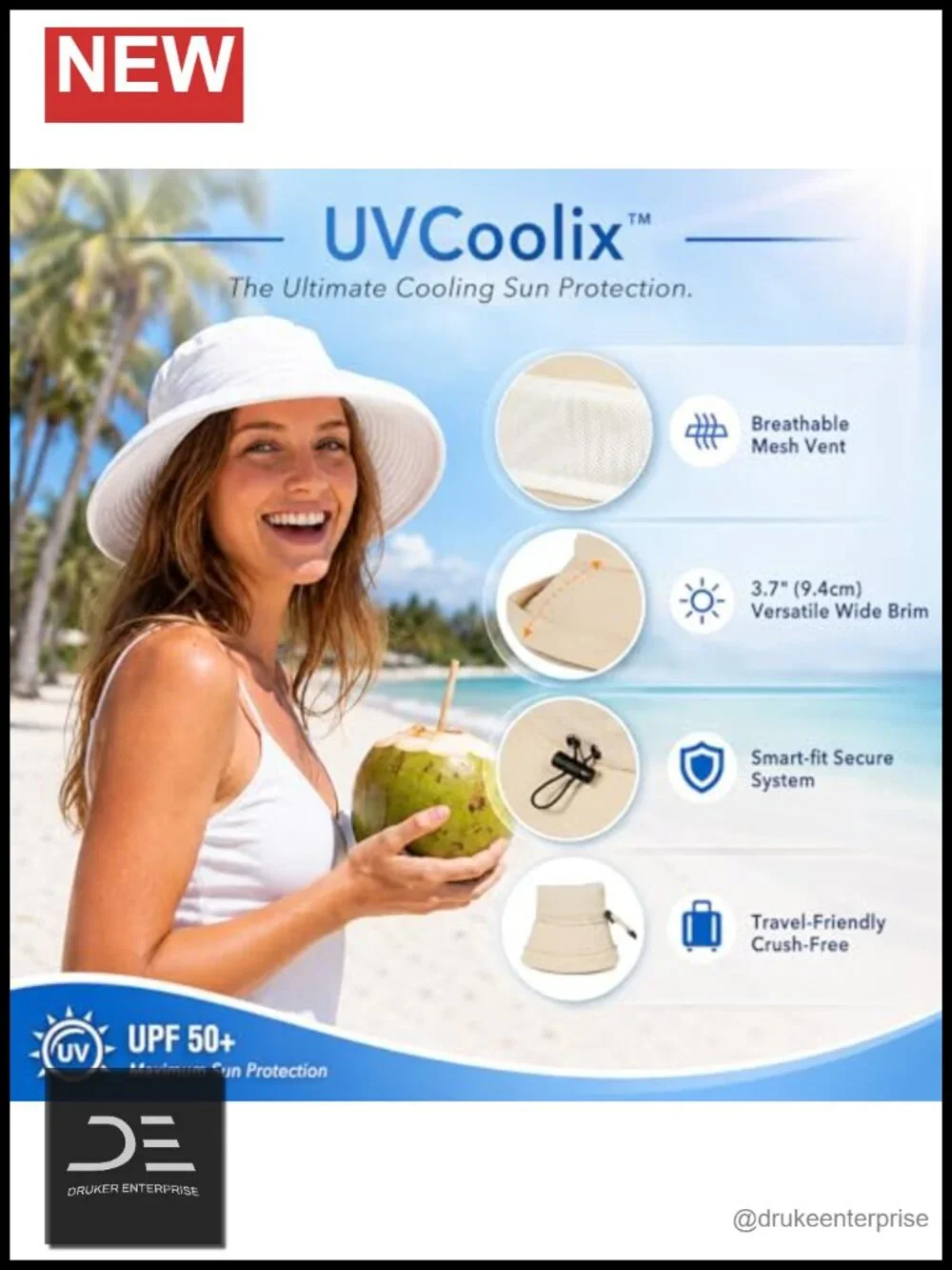 Women's Wide Brim Bucket Sun Hat with Ponytail Hole UPF 50 Packable